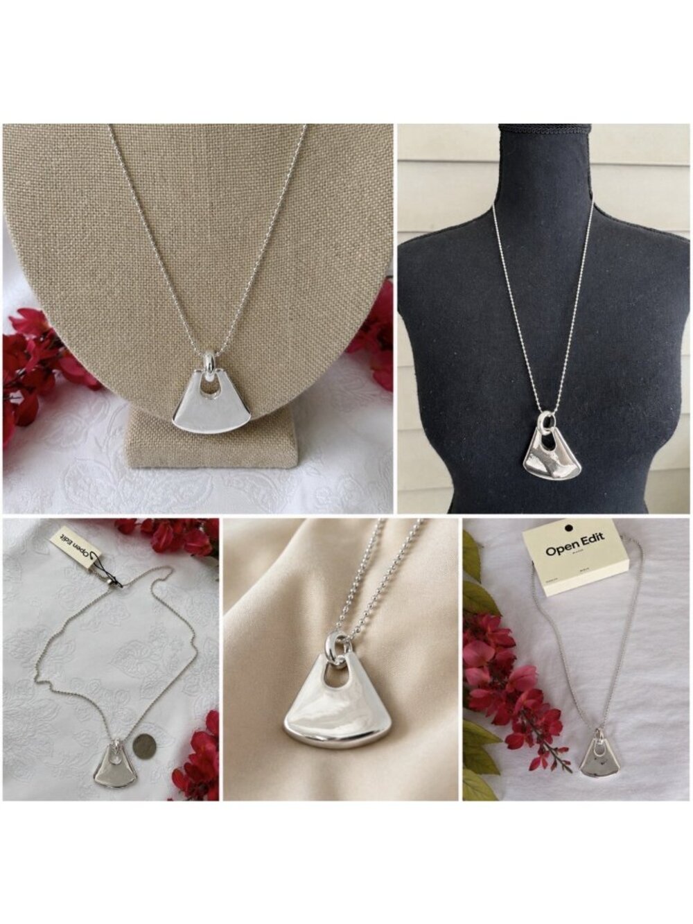 Open Edit Nordstrom Curved Silver Slider Pendant 25" Nickel Free Necklace $35